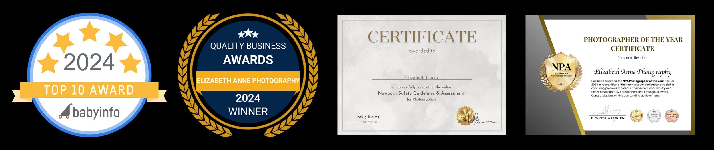Two circular award badges showing 2024 quality business awards, winner recognitions with gold and blue designs, newborn safety cert.