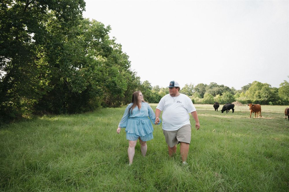 Two people walk hand in hand through a green pasture with grazing cows visible in the background on a sunny day.
