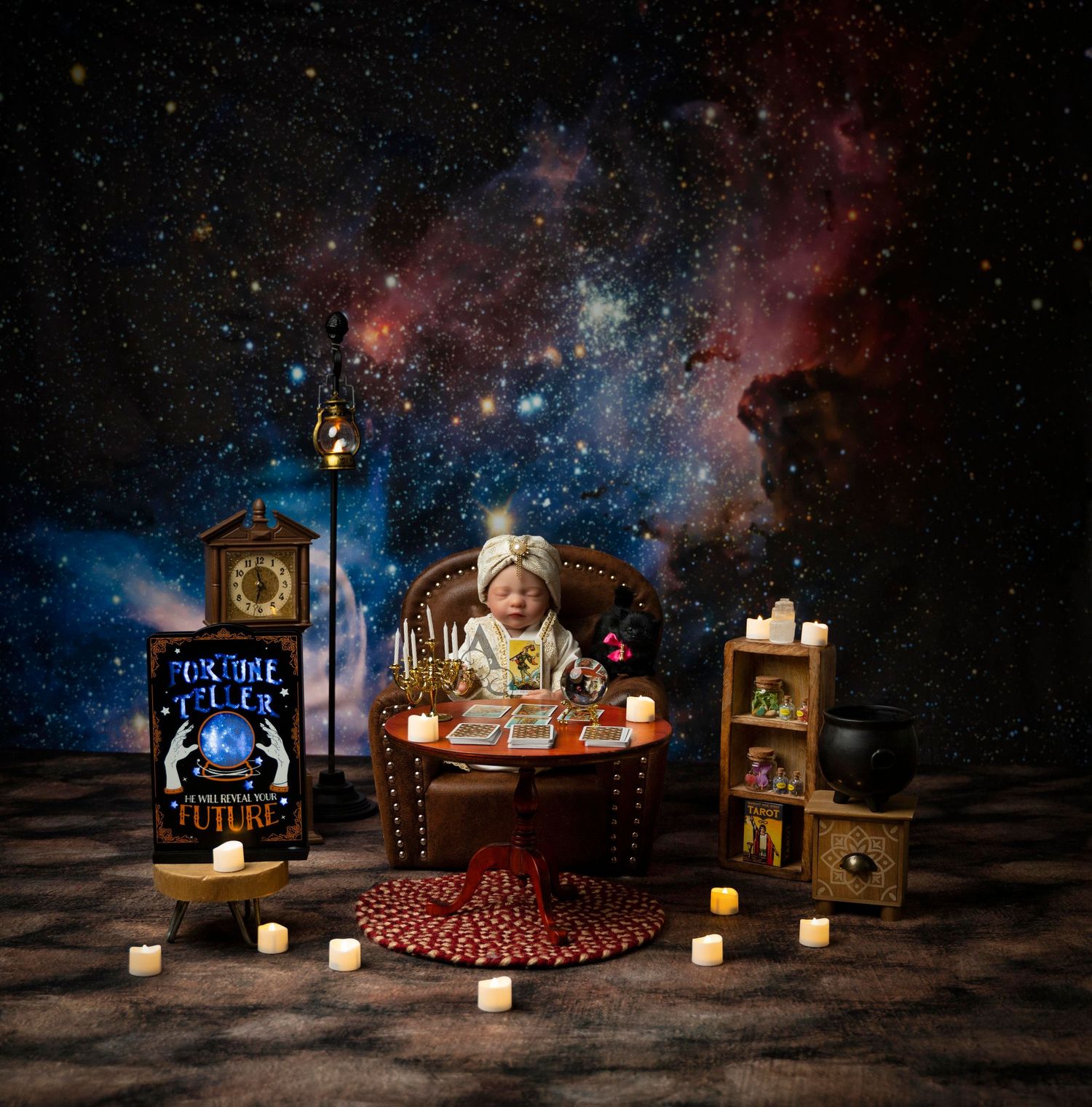 Mystical fortune telling setup with candles and props against a starry galaxy background.