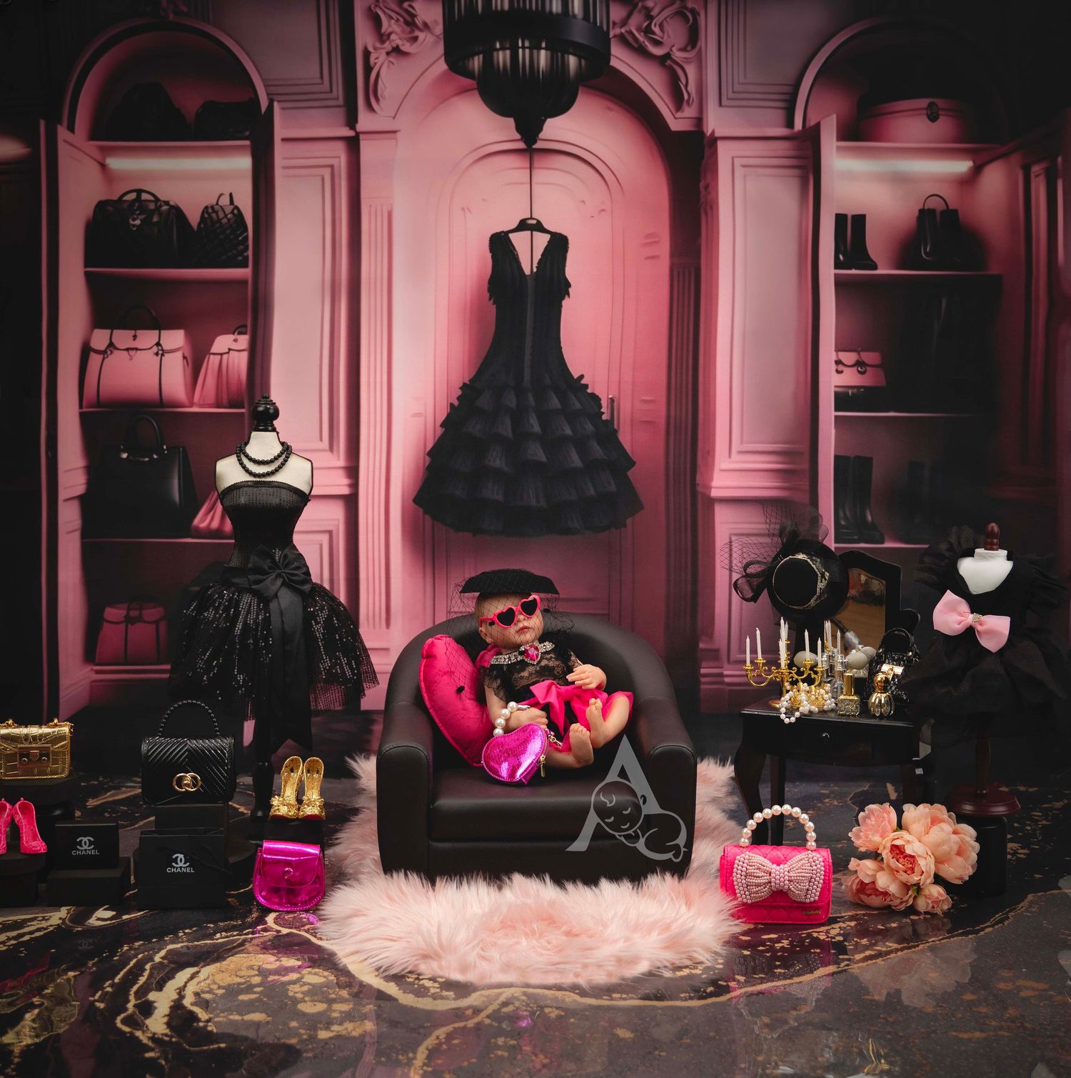 Elegant boutique display featuring black dresses and accessories with pink accents against ornate pink-lit archways and decor.