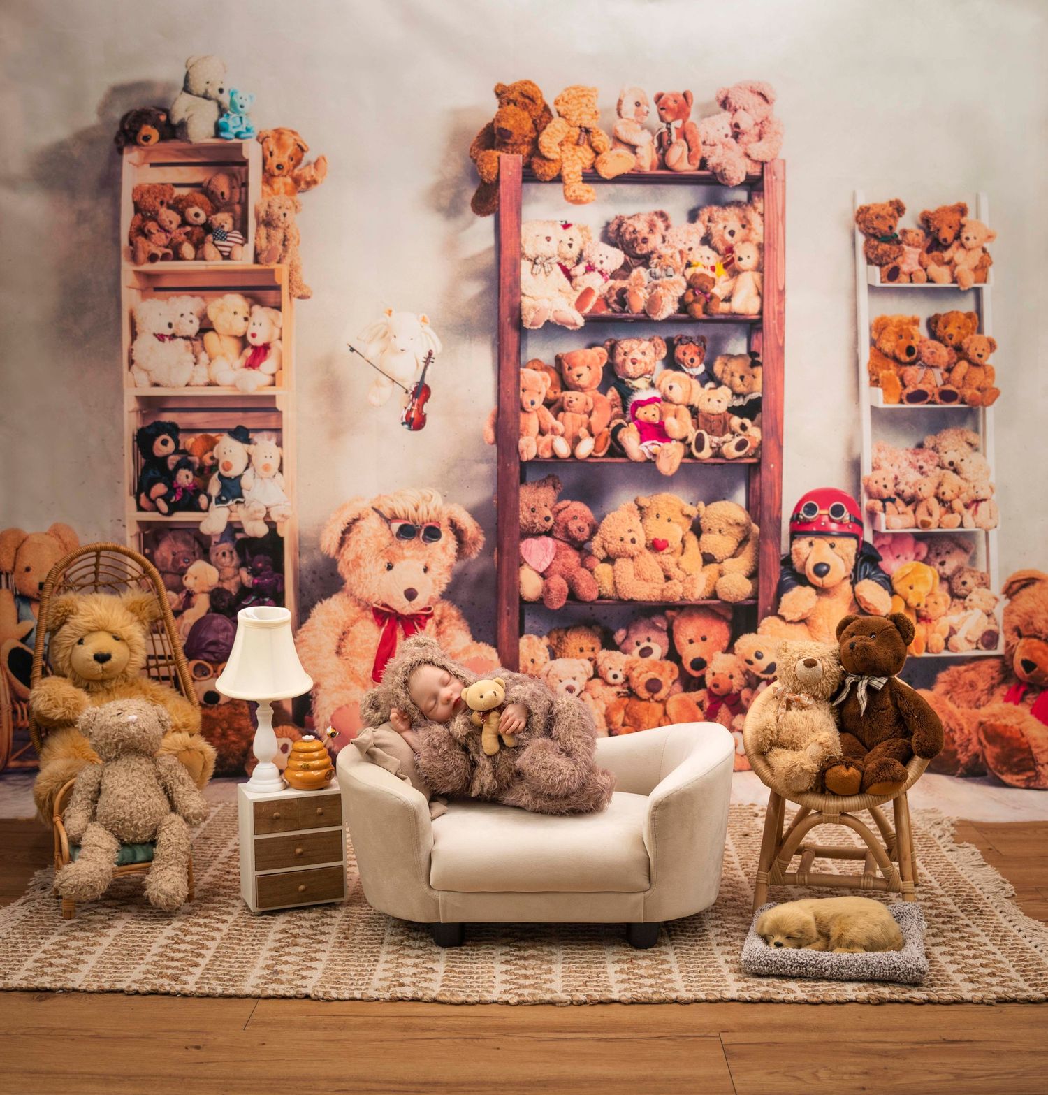 Cozy teddy bear display with shelves full of plush toys and a small white armchair.