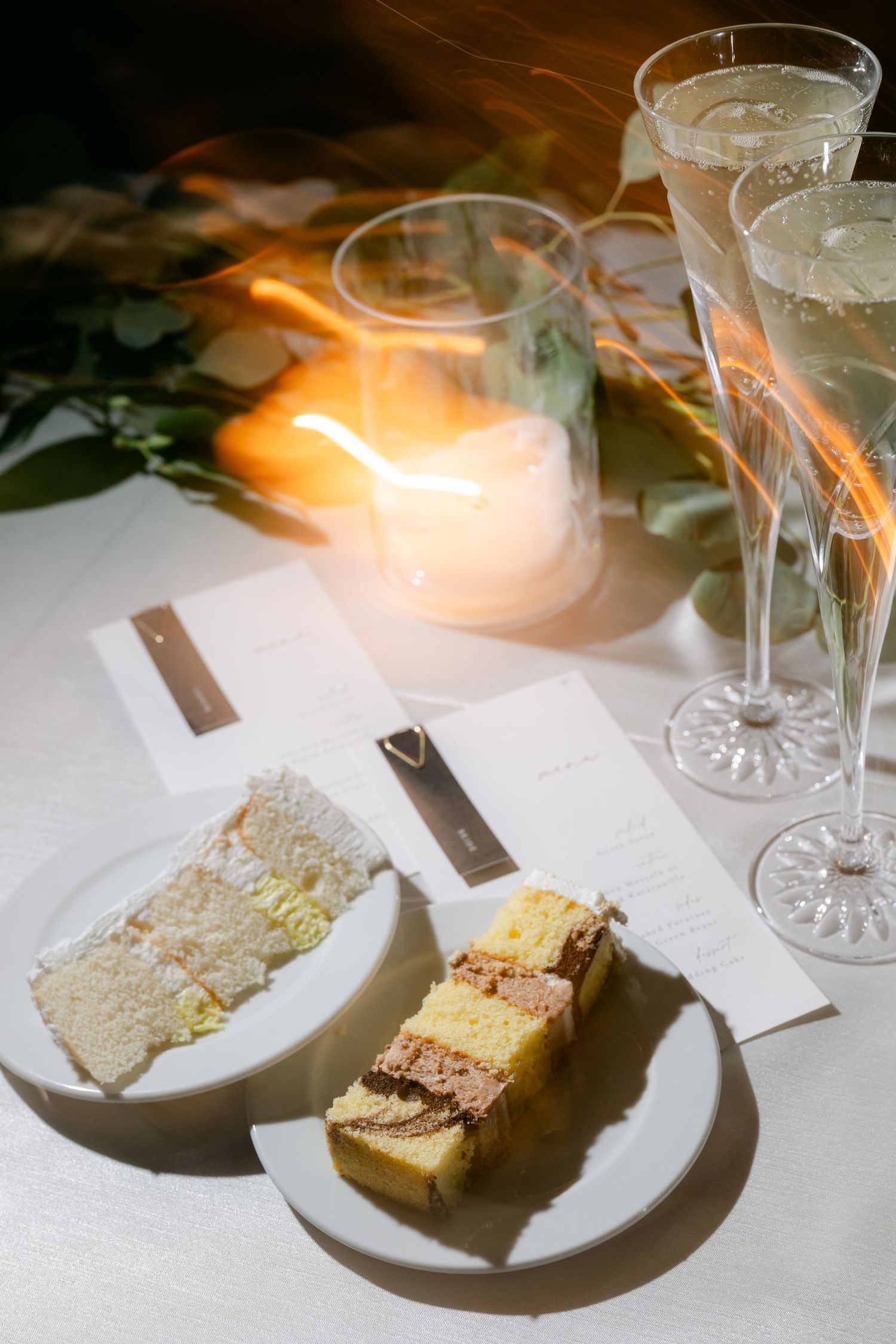 Six sequential images of elegant plated cake slices on white dishes with glowing candlelight and wine glasses in background.