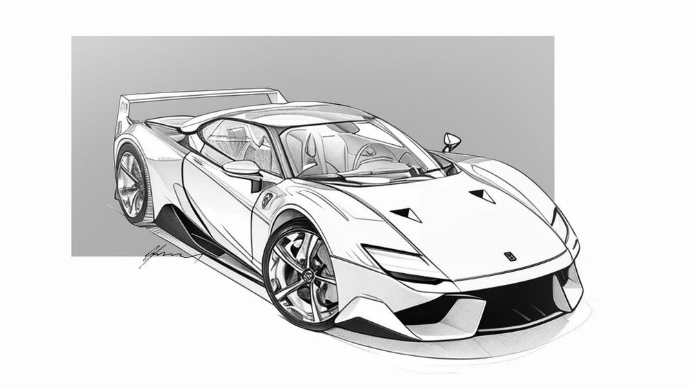A detailed black and white sketch of a modern Ferrari supercar with sleek aerodynamic bodywork and large air intakes.