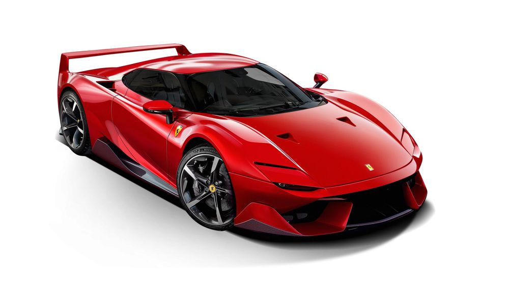 A sleek red Ferrari sports car with aggressive styling and black accents showcases modern supercar design elements.