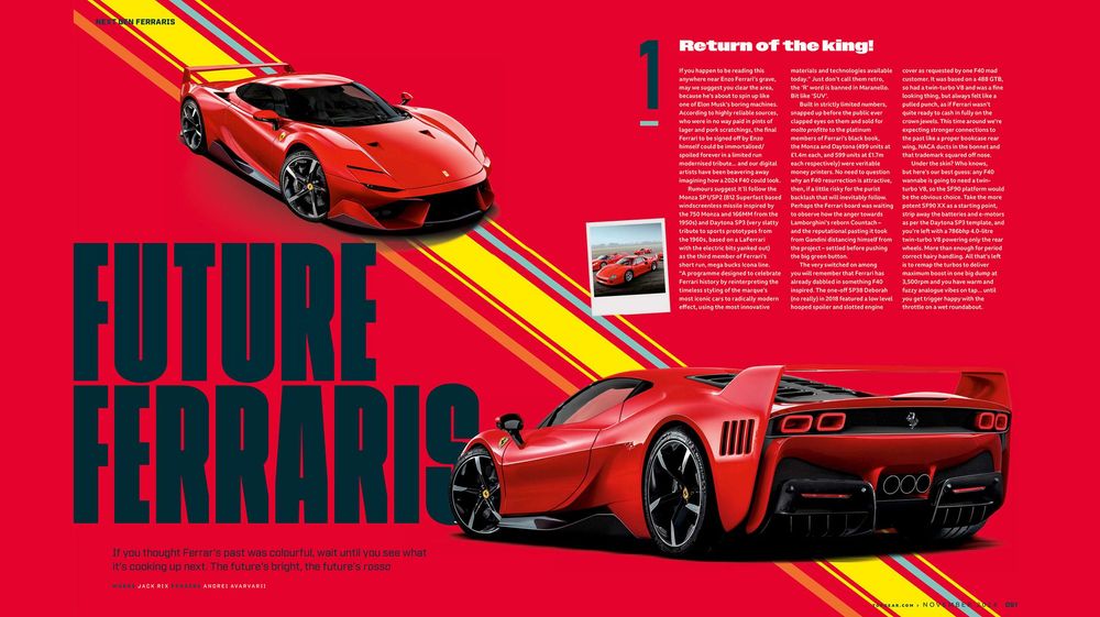 Editorial magazine spread featuring red Ferrari supercars on vibrant red background with yellow diagonal stripe design element.