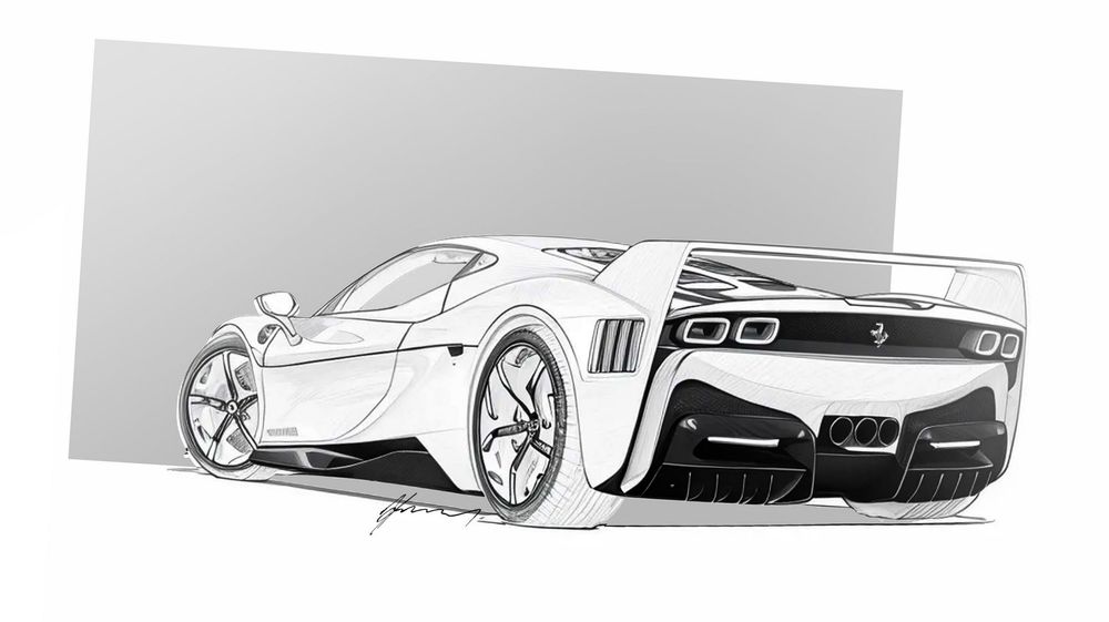 A sleek black and white pencil sketch of a modern sports car concept with aggressive rear styling and bold design lines.