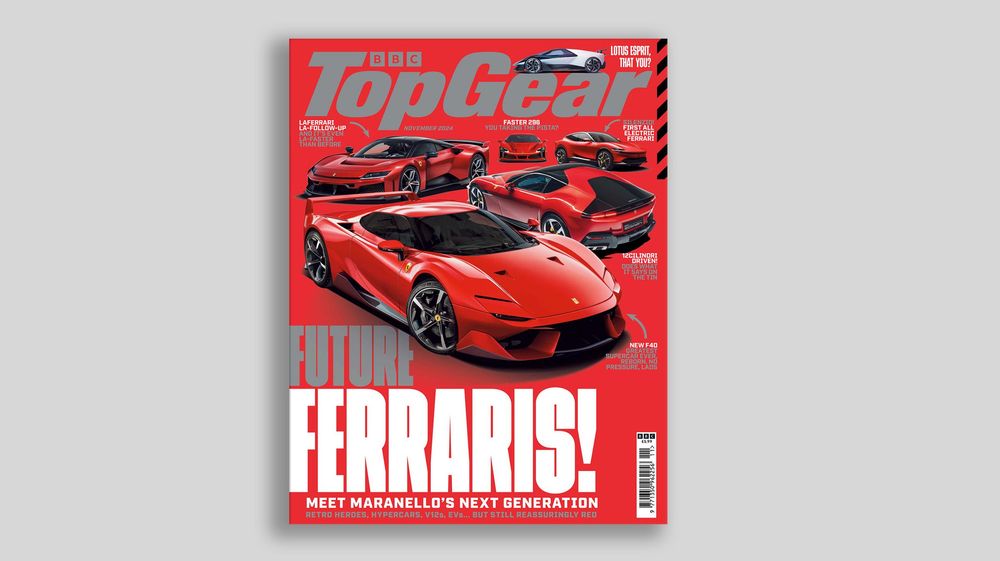 Top Gear magazine cover featuring a red Ferrari supercar against a red background with bold FERRARIS! text.