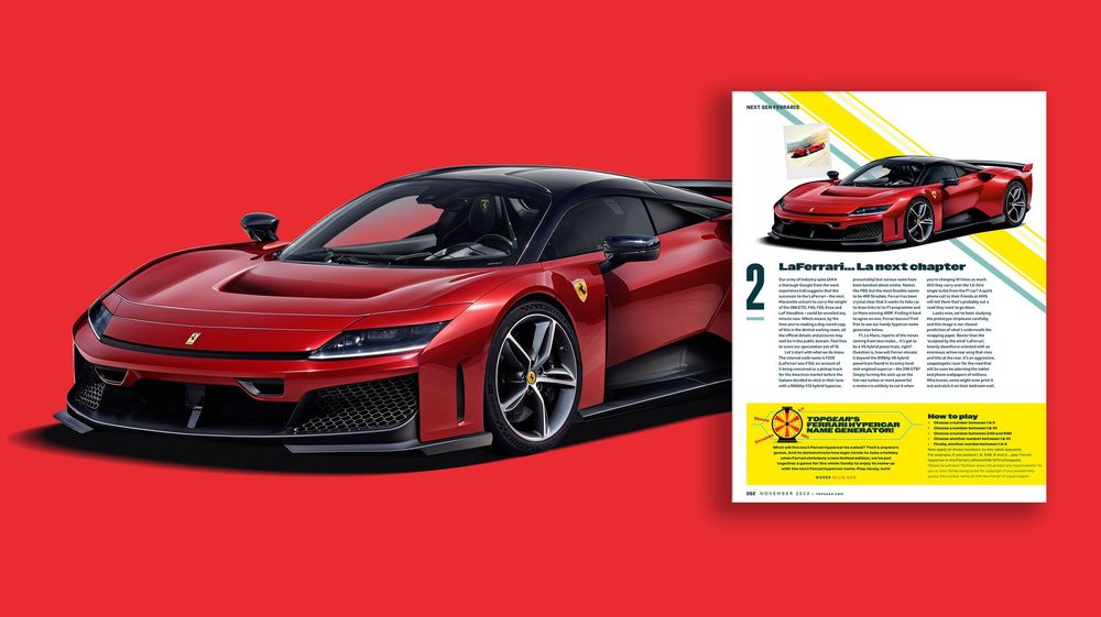 Sleek red Ferrari sports car with aerodynamic design shown next to magazine article featuring performance details.