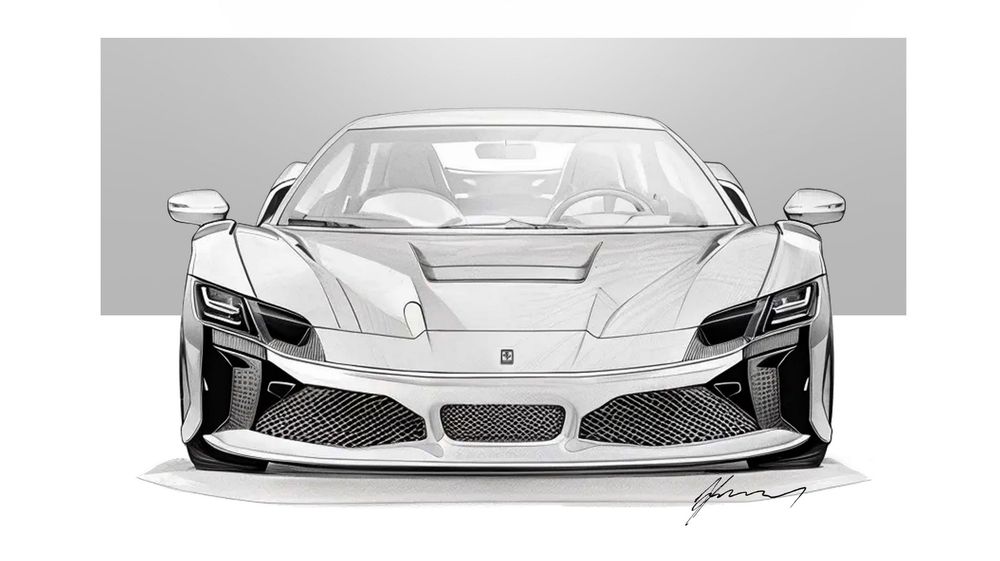 Hand-drawn sketch of a sleek sports car with aggressive front fascia and aerodynamic design features in black and white.