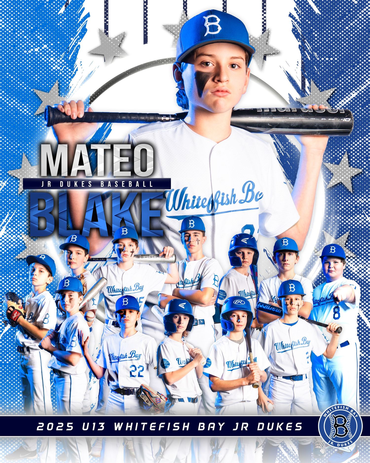 Baseball sports composite featuring player in blue uniform with bat and team photo collage for U13 Whitefish Bay Jr Dukes 2025 season.