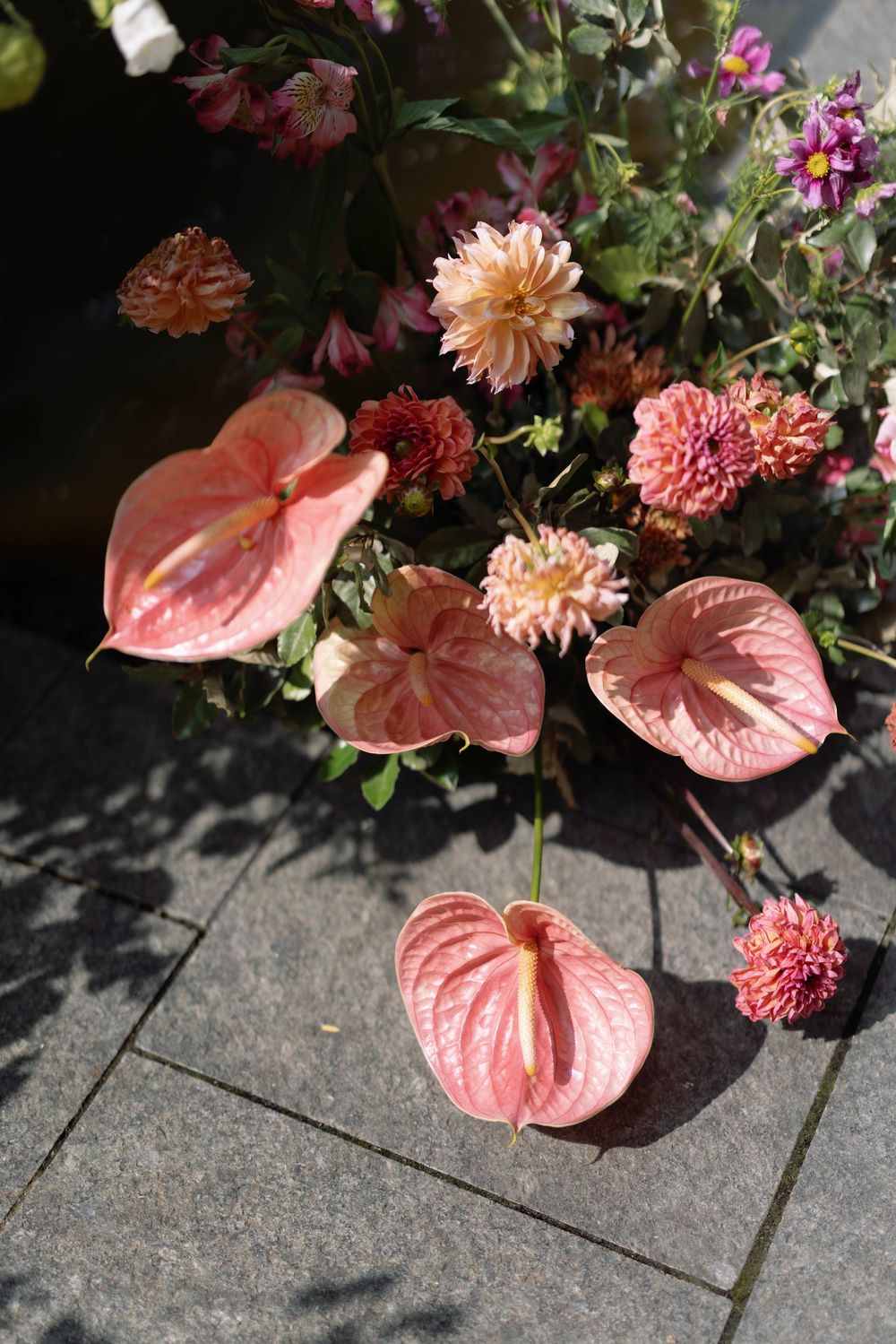 Beautiful arrangement of pink anthurium flowers and coral dahlias on dark stone surface.