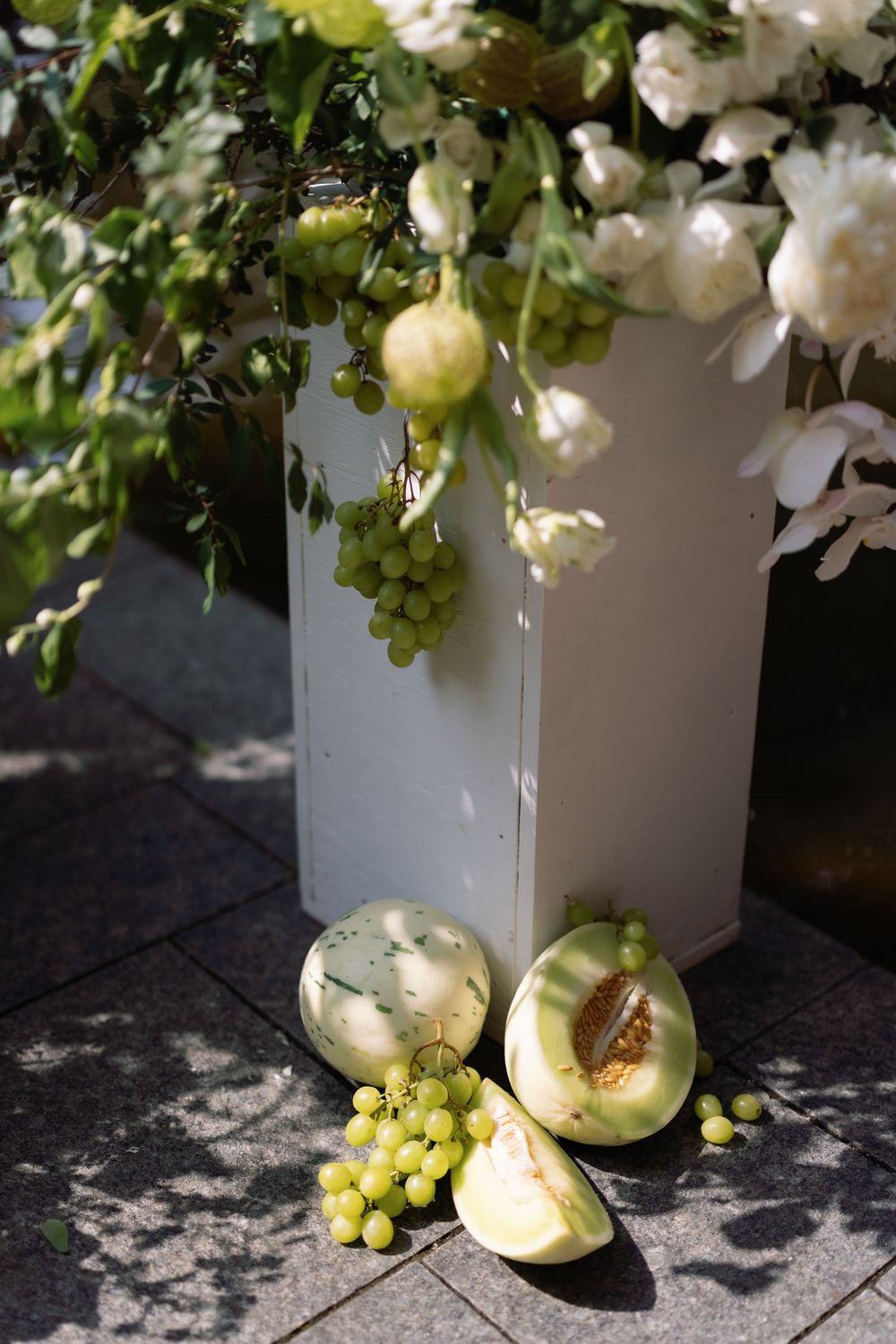 A still life arrangement with fresh melon, green grapes and white flowers in a frosted vase casting dappled shadows.
