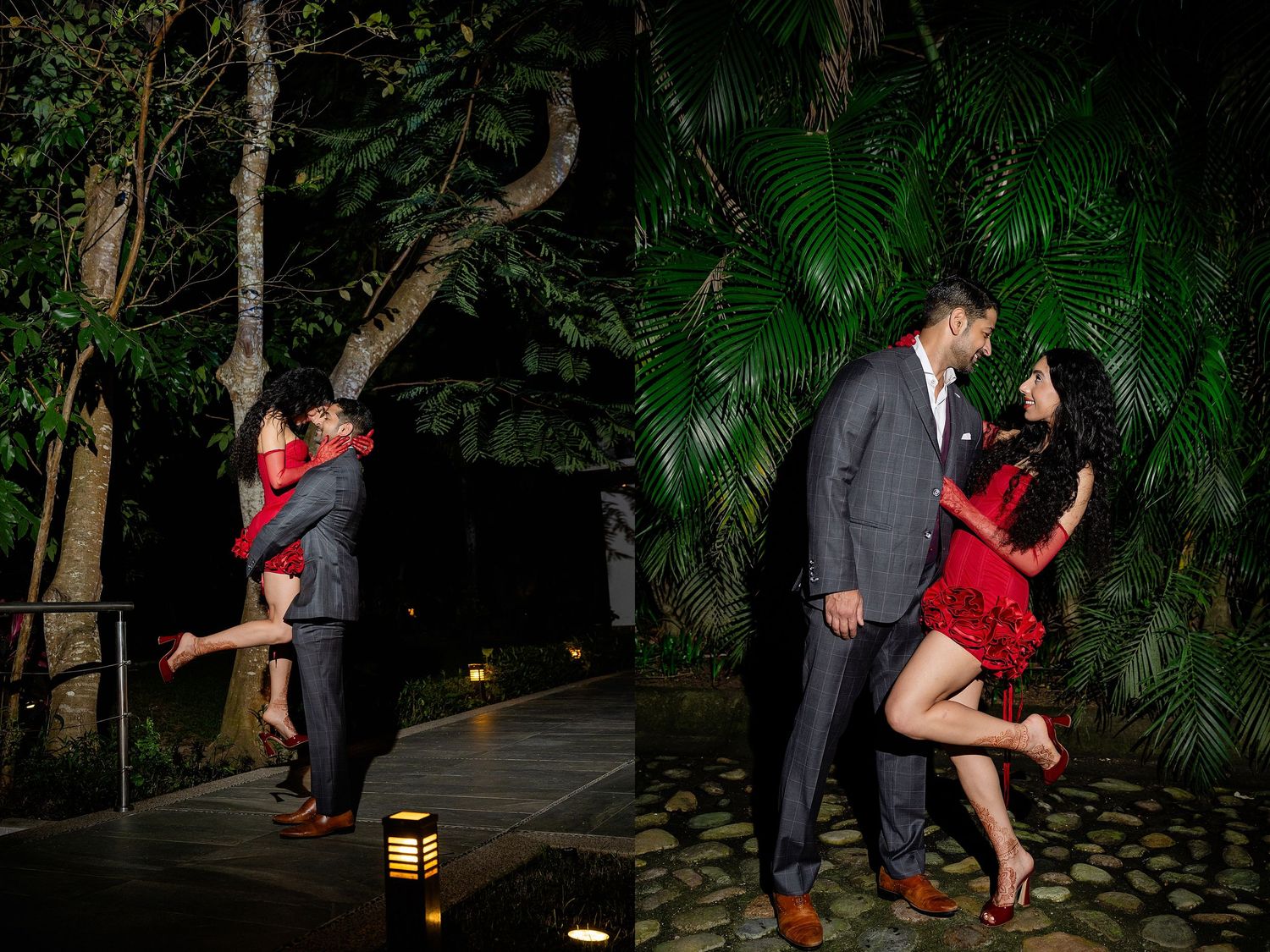 Traditional Indian wedding collage featuring red lehenga details, elegant mandap decor and outdoor venue settings.