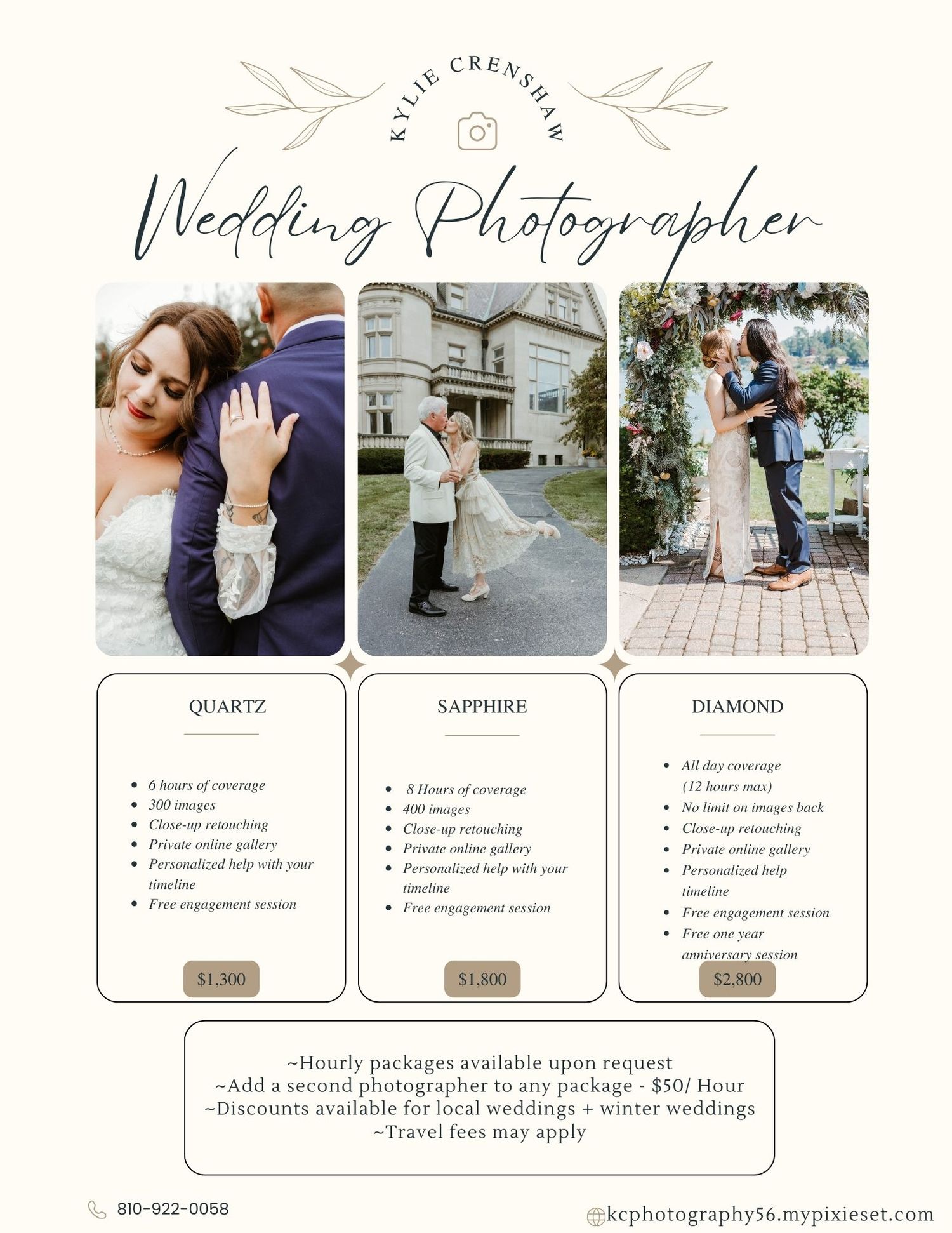 Wedding photography pricing guide template with three tiered packages and sample photos.