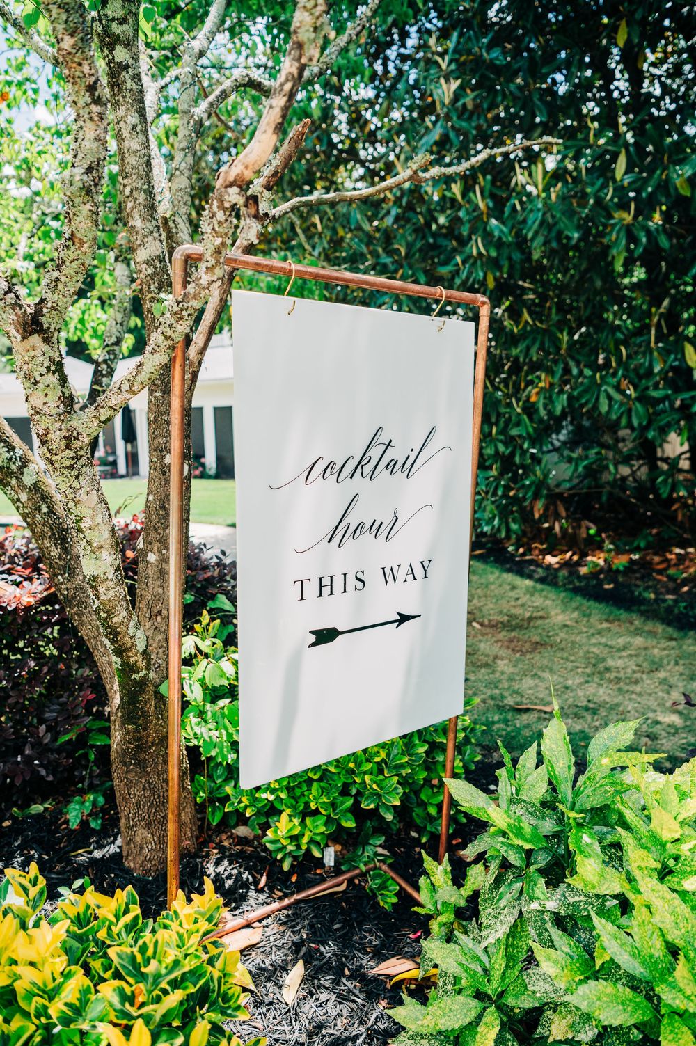 A white wedding directional sign reading 'cocktail hour this way' hangs from a tree branch in a garden setting.
