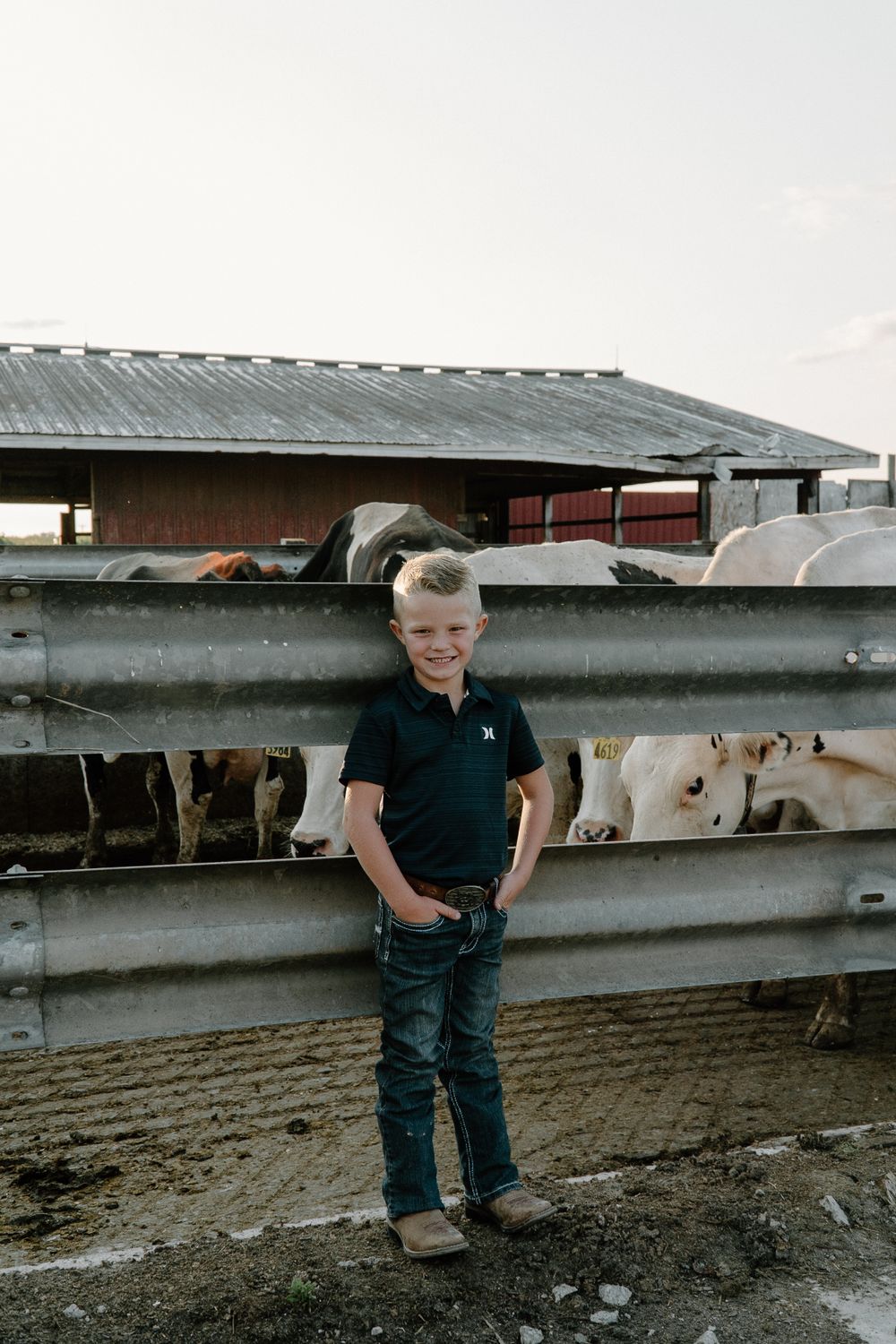 Young person standing in front of dairy farm cattle stalls with metal barriers.