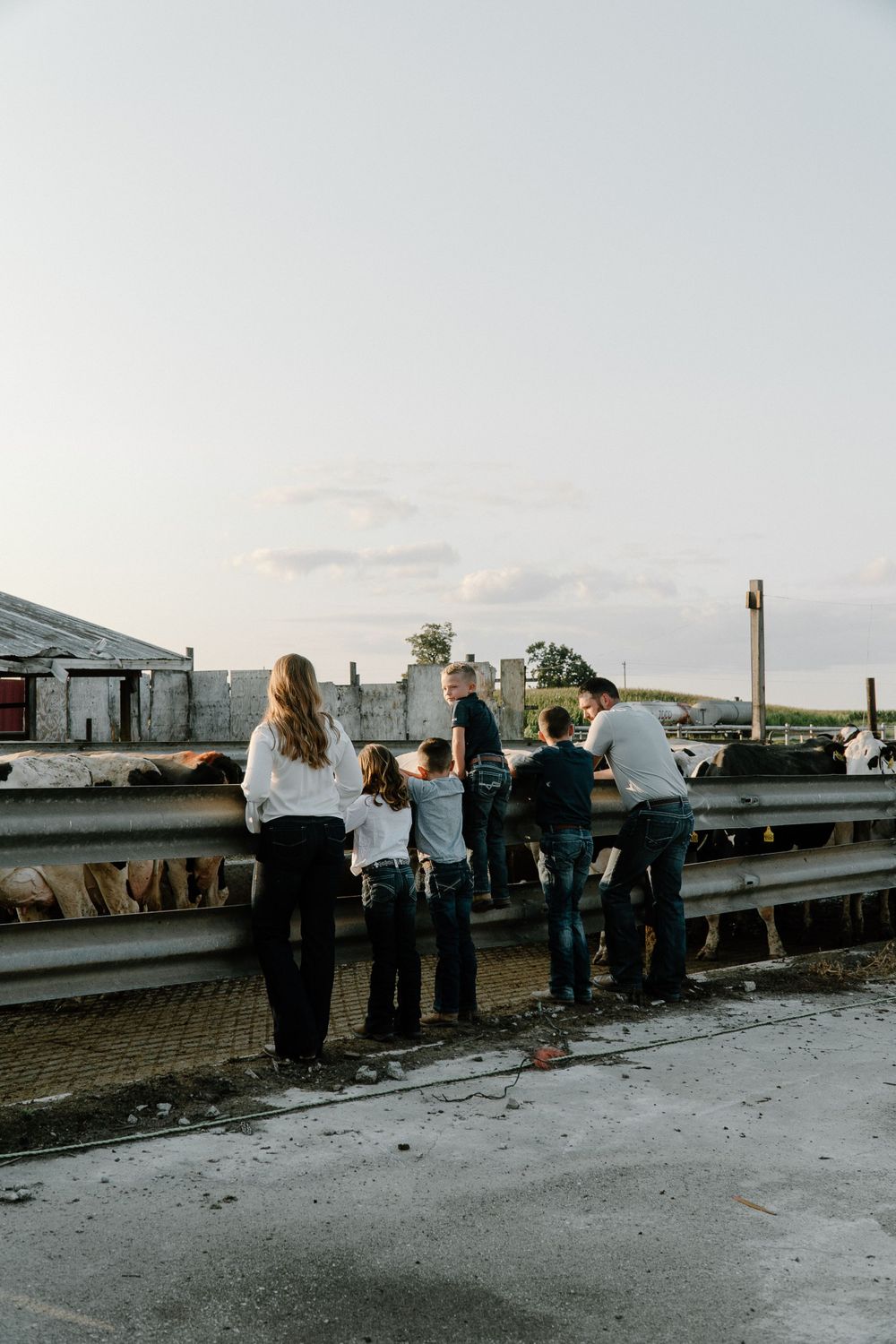 A group of people stand along a railing at dusk overlooking farm buildings and fields.