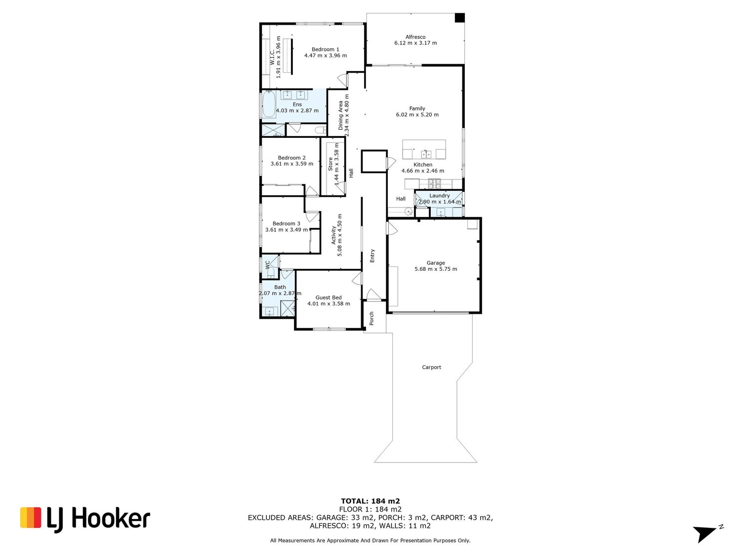 Floor plan layout showing 3 bedrooms, 2 bathrooms, living room, kitchen and garage in a modern single-story home design.