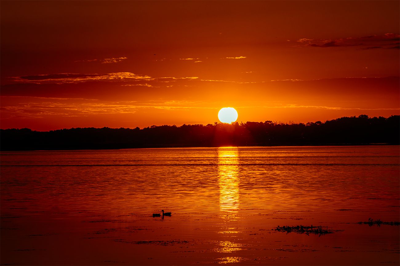 A vibrant orange sunset reflects over calm lake waters as the sun dips below the horizon creating a golden pathway.