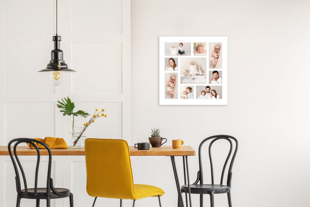 Modern dining area with yellow accent chair and black bentwood chairs around a wooden table beneath a pendant light.