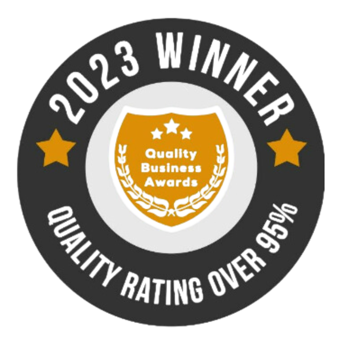 Black and gold circular award badge with shield design for 2023 winner.
