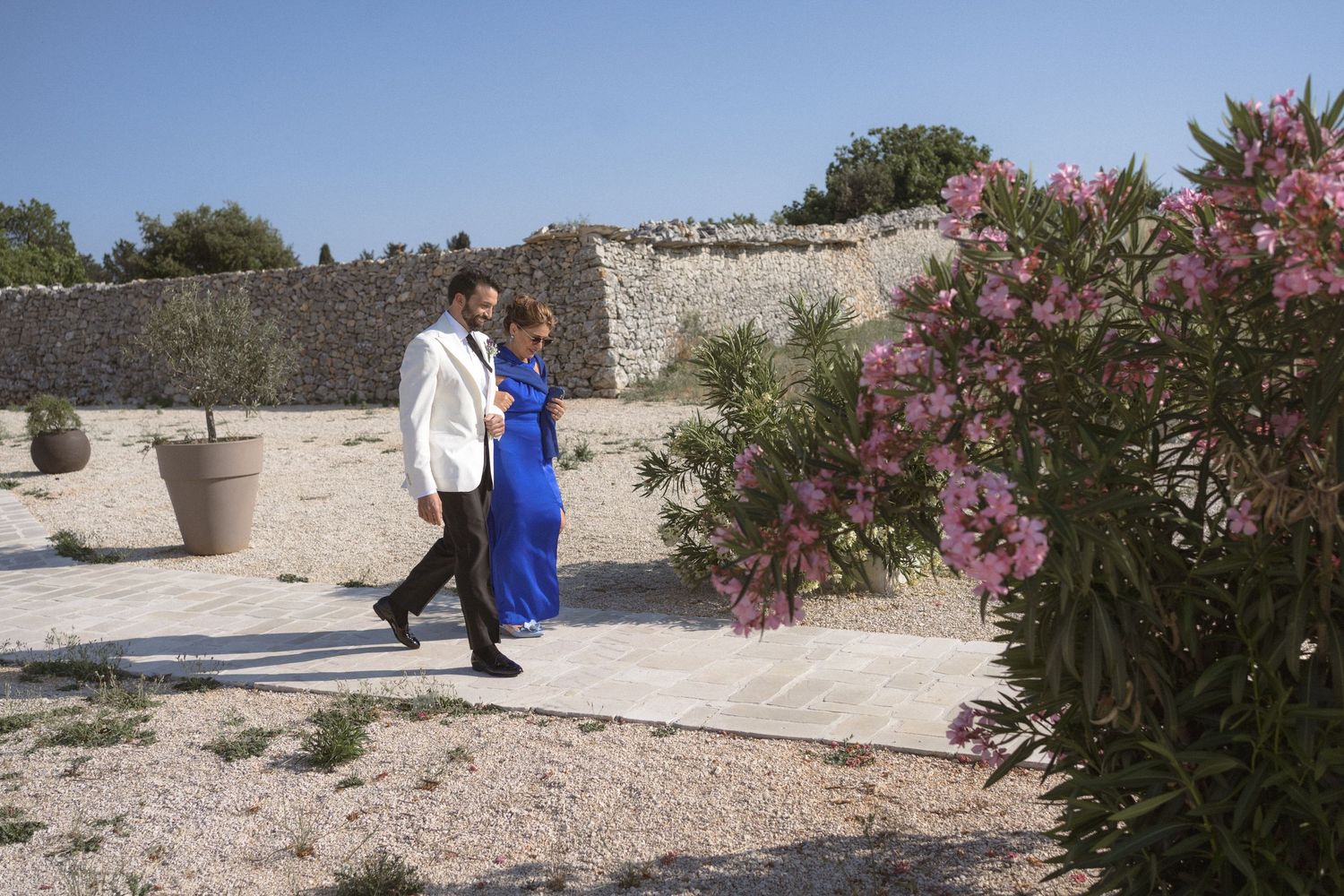 A scenic path lined with blooming pink oleander bushes stretches along white stone walls in a Mediterranean setting.