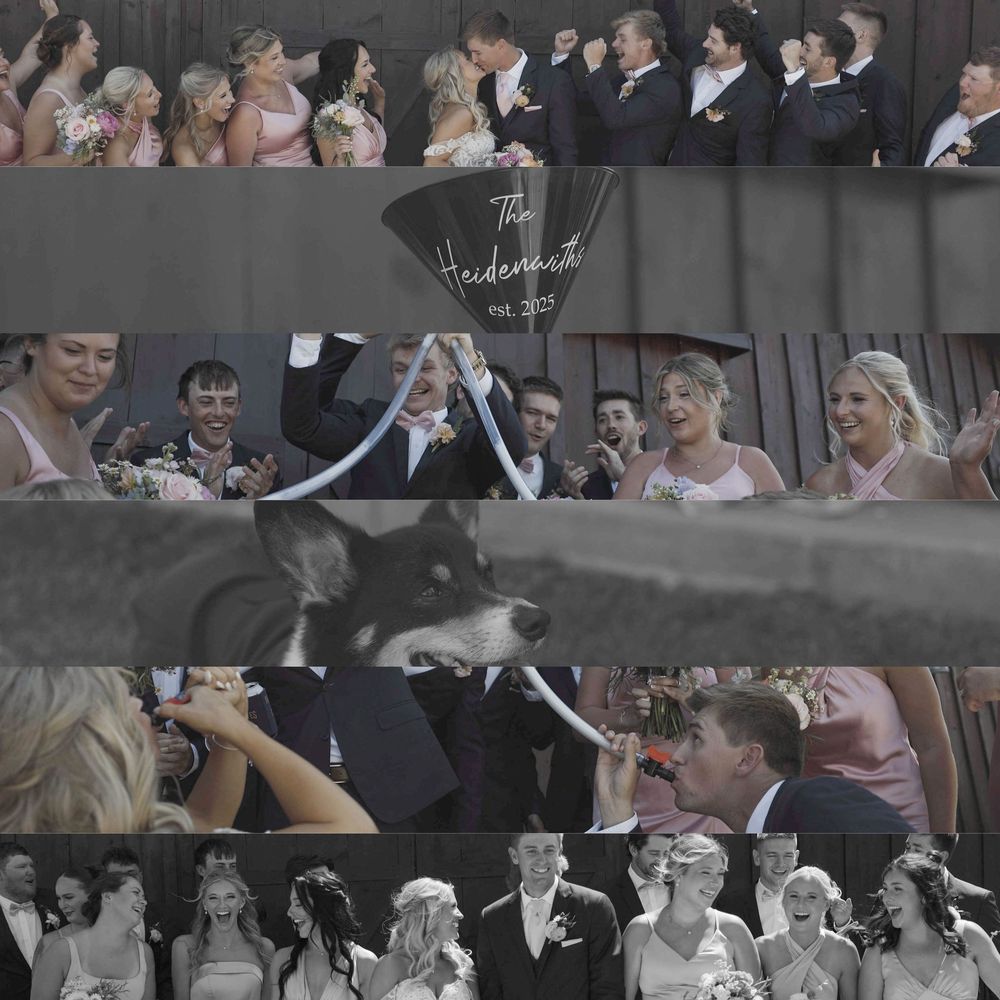Vintage-style wedding photo collage showing celebratory moments with guests.