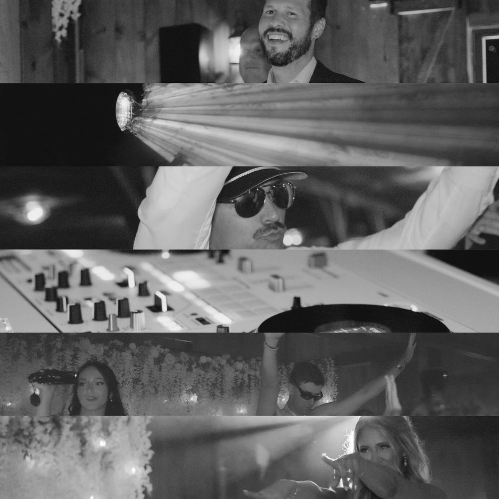 Black and white wedding reception collage capturing celebration moments and dance floor scenes.
