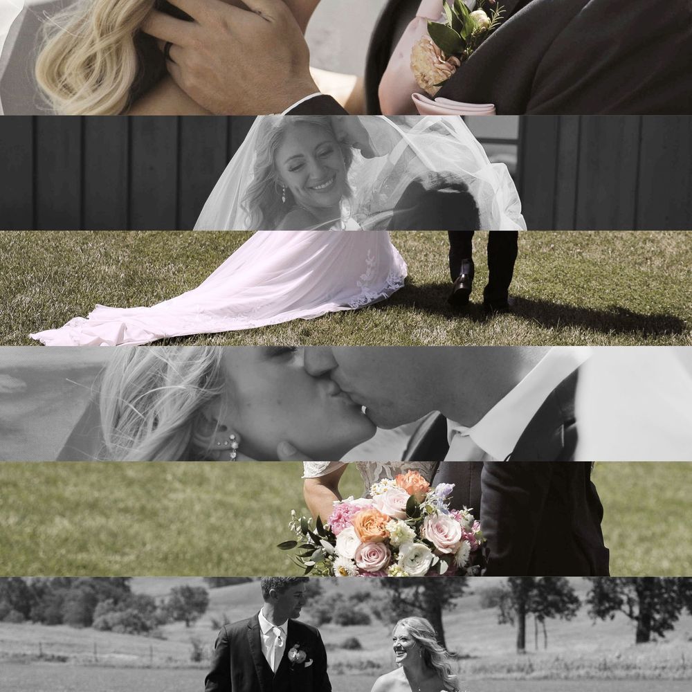 Wedding ceremony collage showing romantic outdoor scenes with floral arrangements and bridal details.