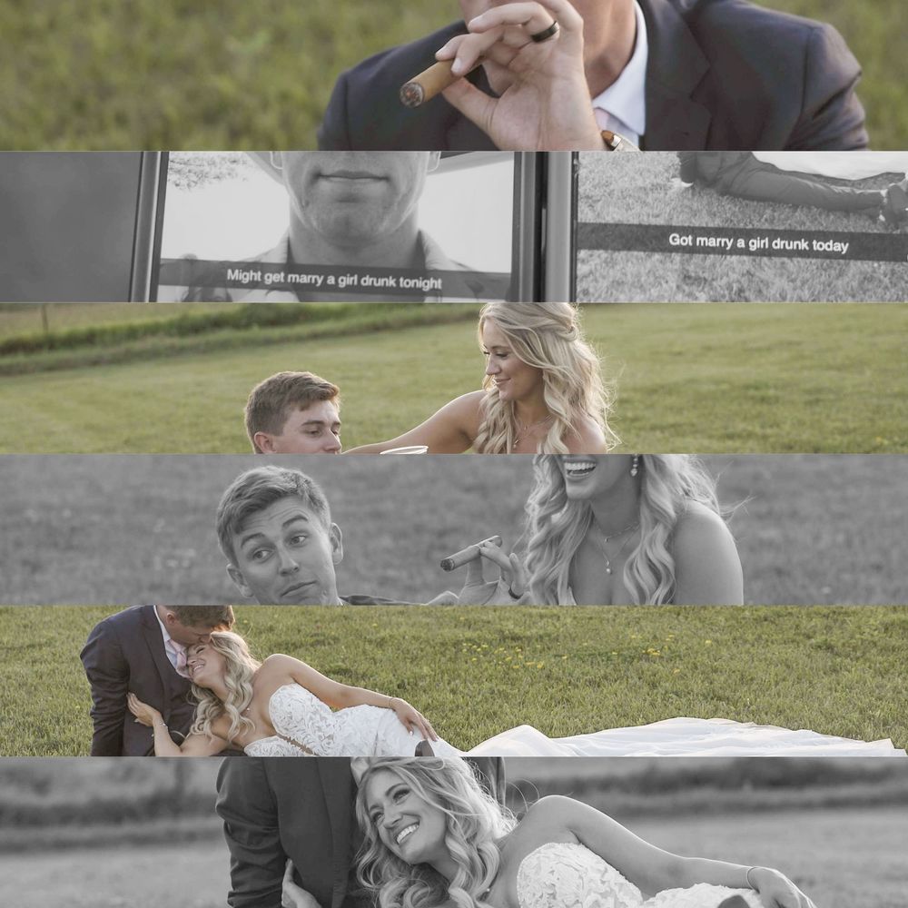 A series of romantic outdoor wedding photos showing tender moments between the bride and groom in a garden setting.