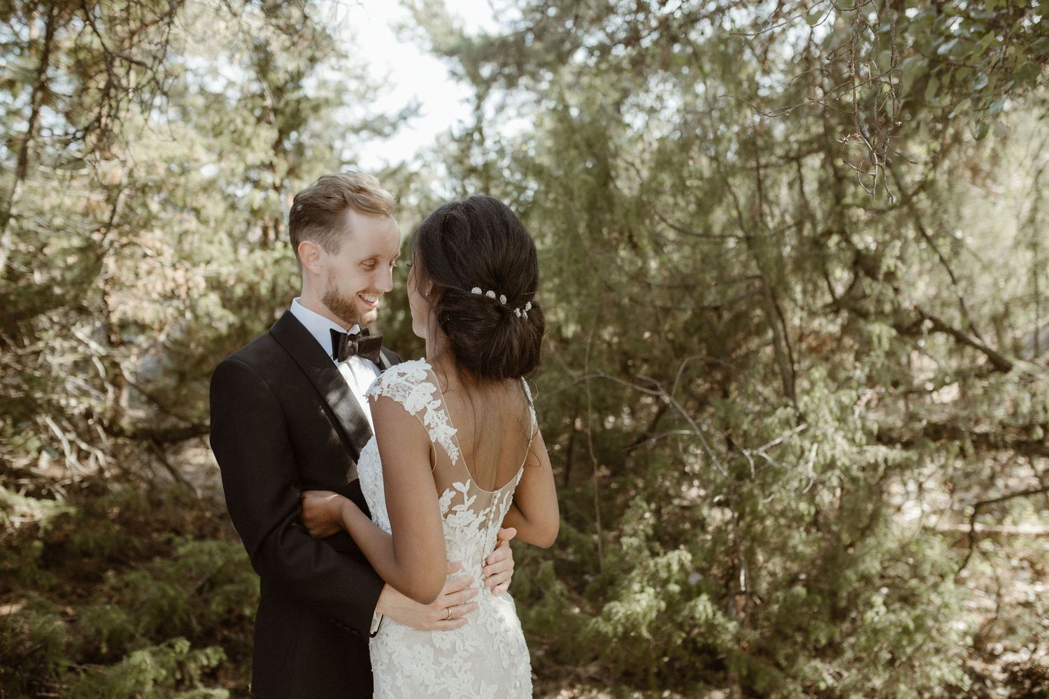 A couple embraces in their wedding attire among sunlit pine trees in an intimate outdoor setting.