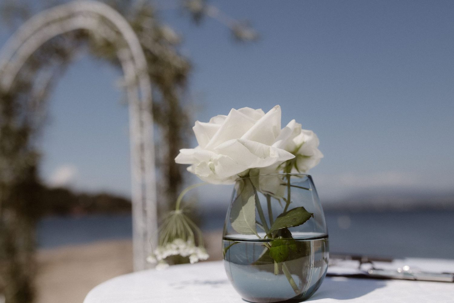 A delicate white rose in a glass jar centerpiece sits on an outdoor table near a beach with an arch visible in the background.