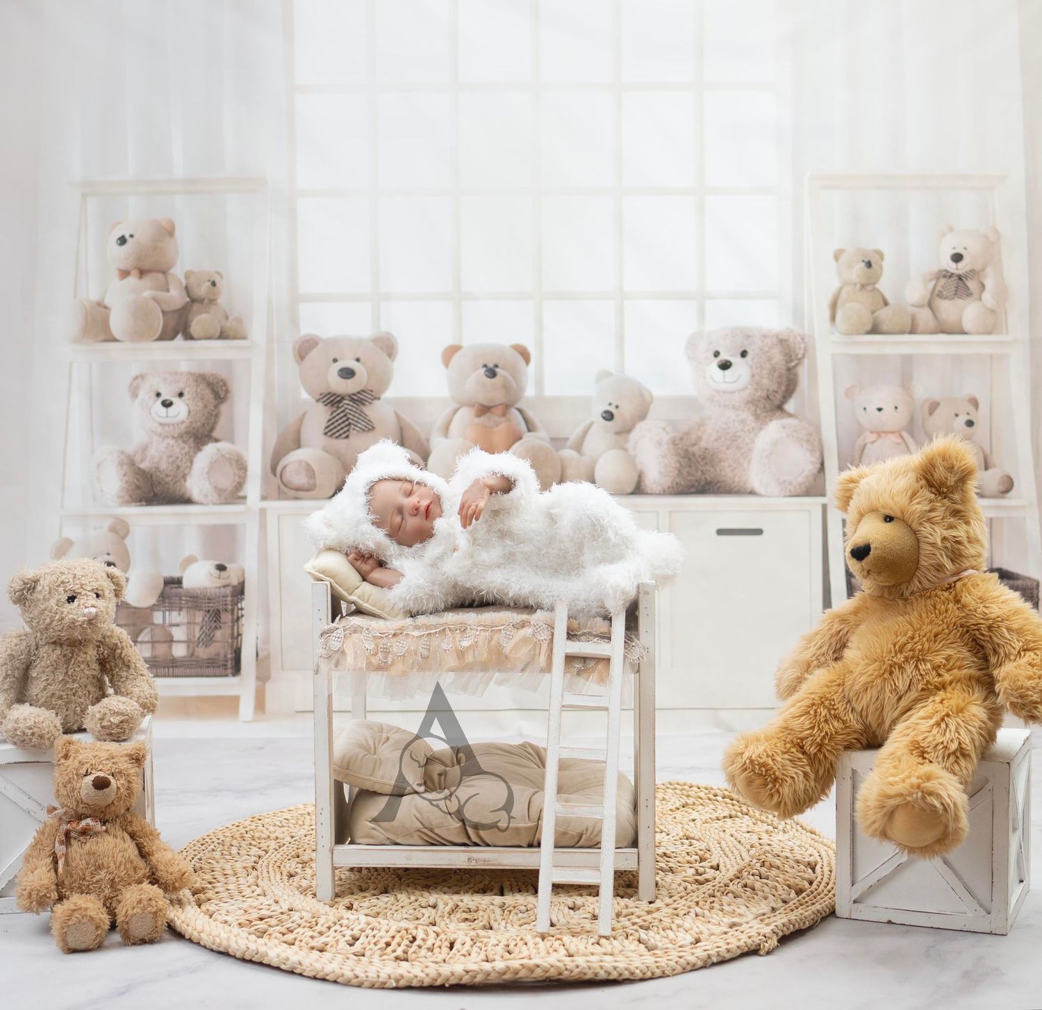 Collection of teddy bears arranged on white shelves and furniture with cozy neutral decor.