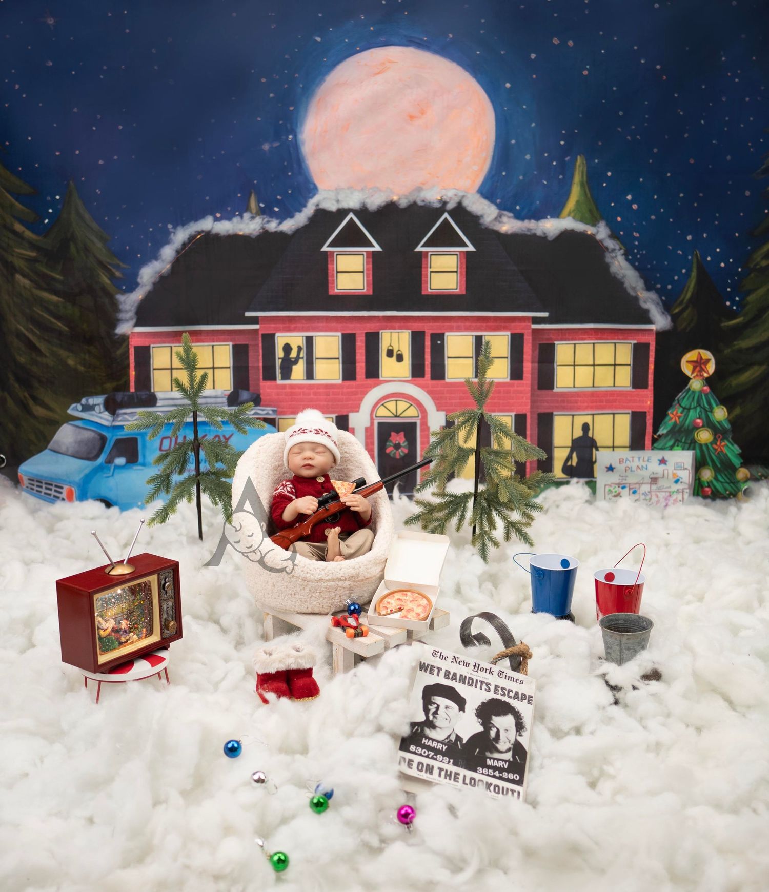 Winter holiday scene with vintage house, car, and Christmas decorations in snow setting.