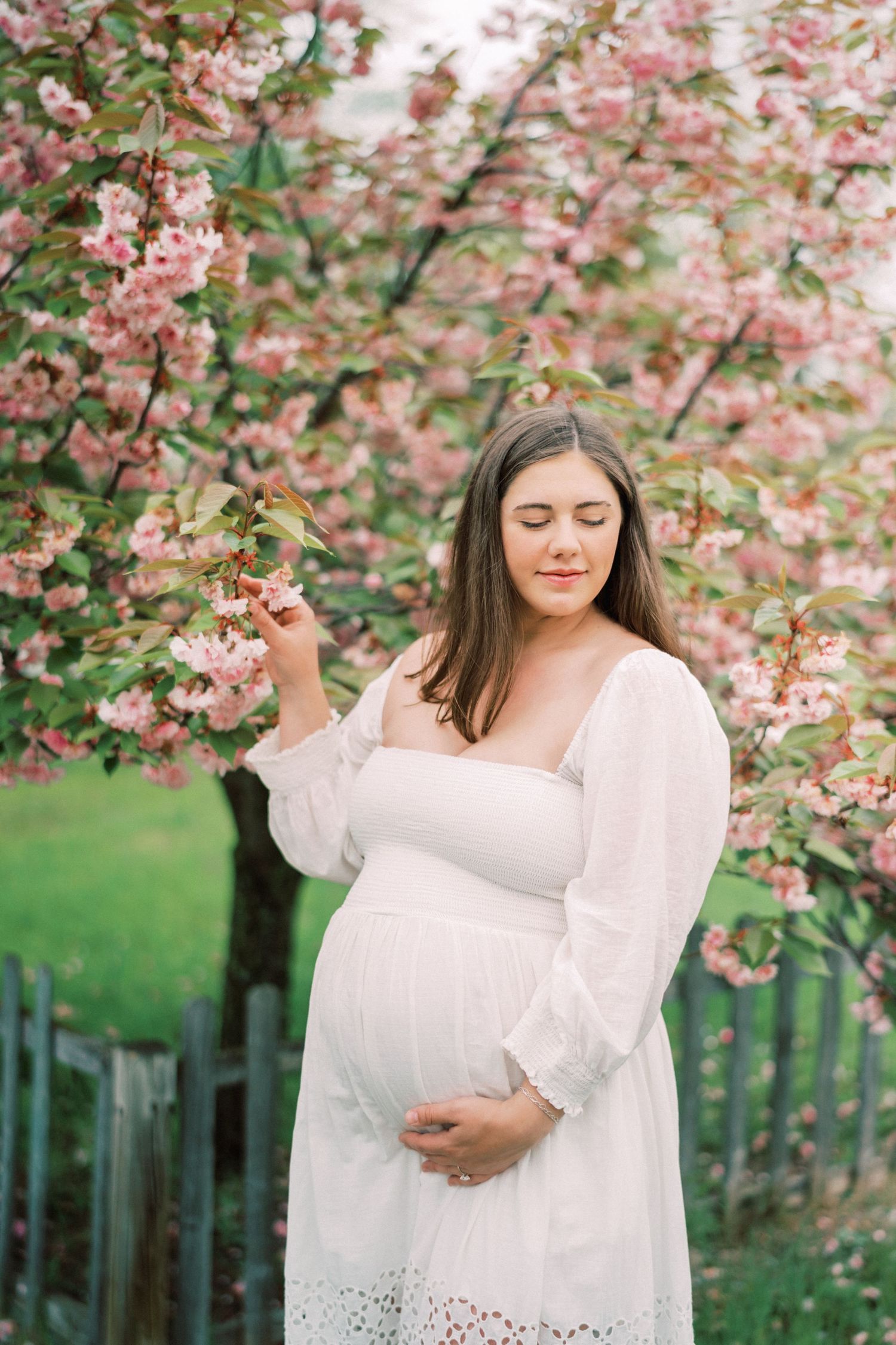 Expectant woman in flowing white dress poses beneath blooming pink cherry blossoms in spring garden.