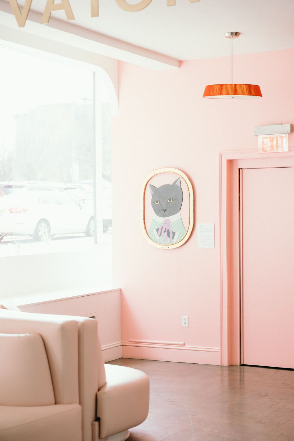 Pink interior room with cat artwork and modern furniture features warm lighting and minimalist design.