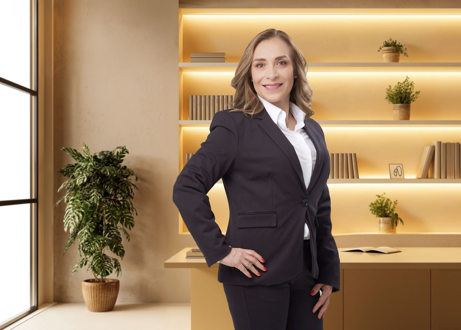Directora comercial de una empresa trasnacional en una oficina de alto nivel.
