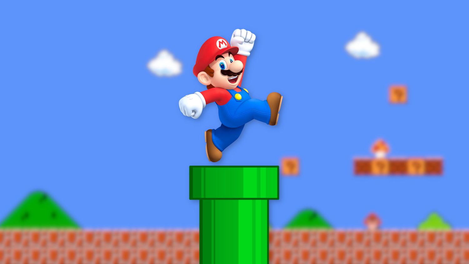 Mario jumps between green pipes and platforms in a classic side-scrolling video game scene with blue sky background.