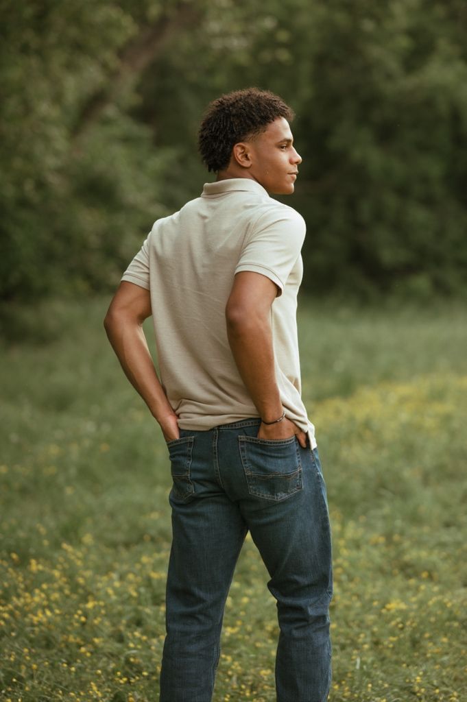 Child standing in field of yellow wildflowers wearing khaki shirt and jeans shown from different angles in nature.