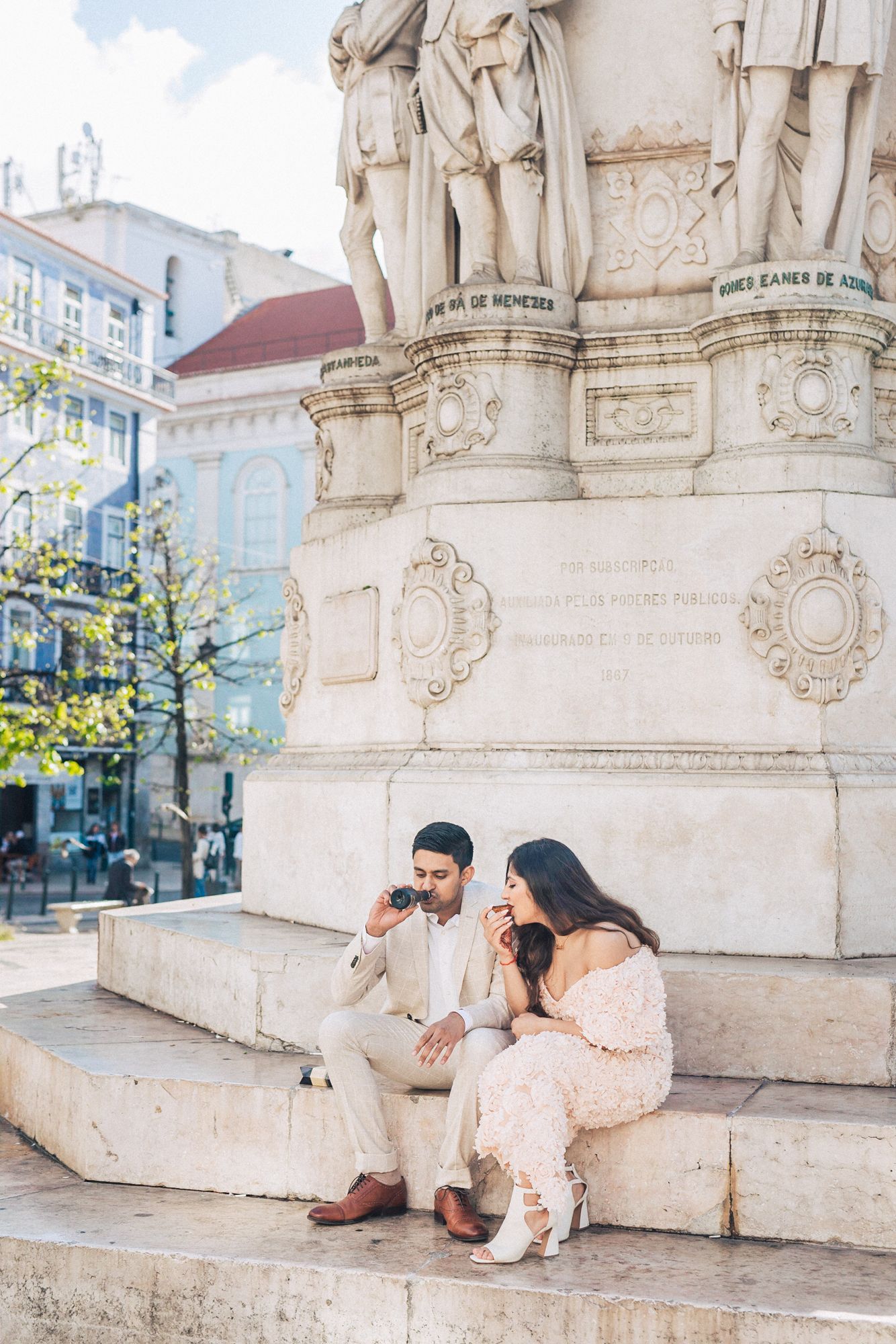 Romantic engagement photoshoot of an indian couple at the historical city of Lisbon during a Destination Wedding in Portugal