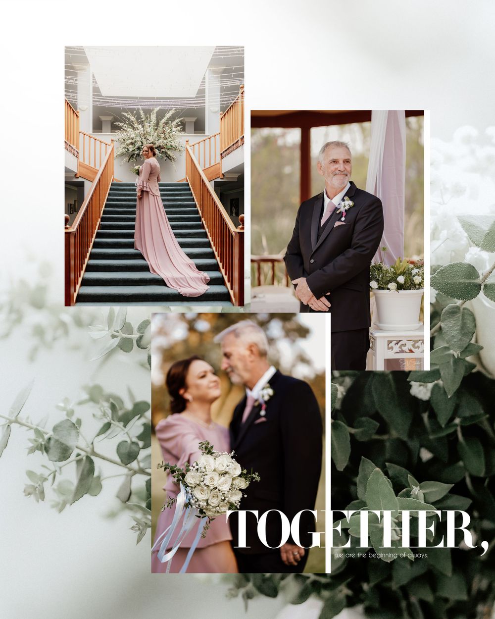 Wedding photography collage featuring elegant staircase shot and romantic couple portraits with floral elements.