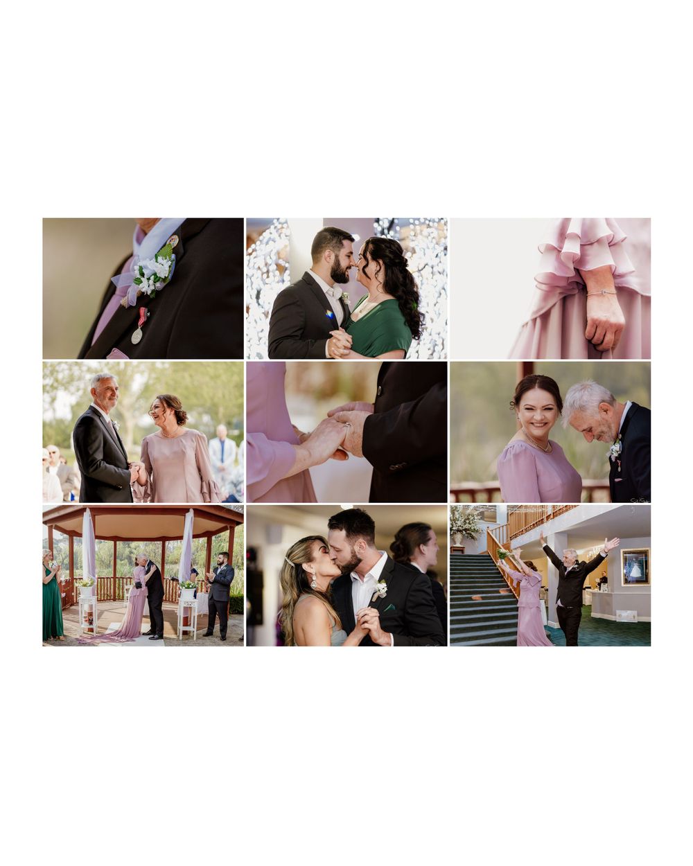 A romantic wedding photo collage featuring tender moments, floral backdrops, and candid celebrations under a rustic gazebo.