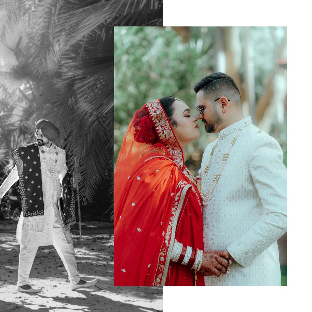 A romantic couple in traditional Indian wedding attire sharing an intimate moment in a natural outdoor setting.