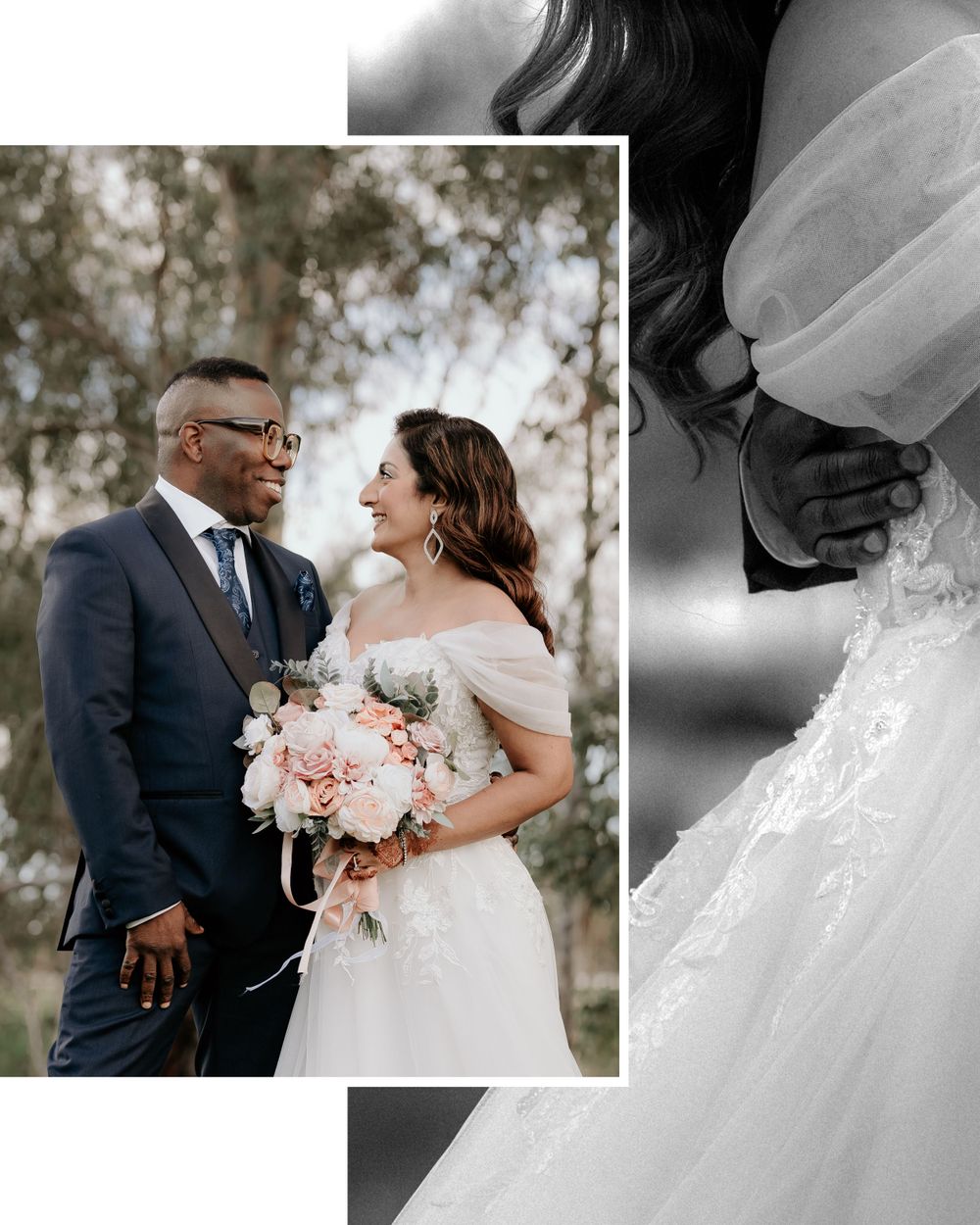 A romantic wedding portrait and detail shot showing delicate lace dress details and a pink peony bouquet.