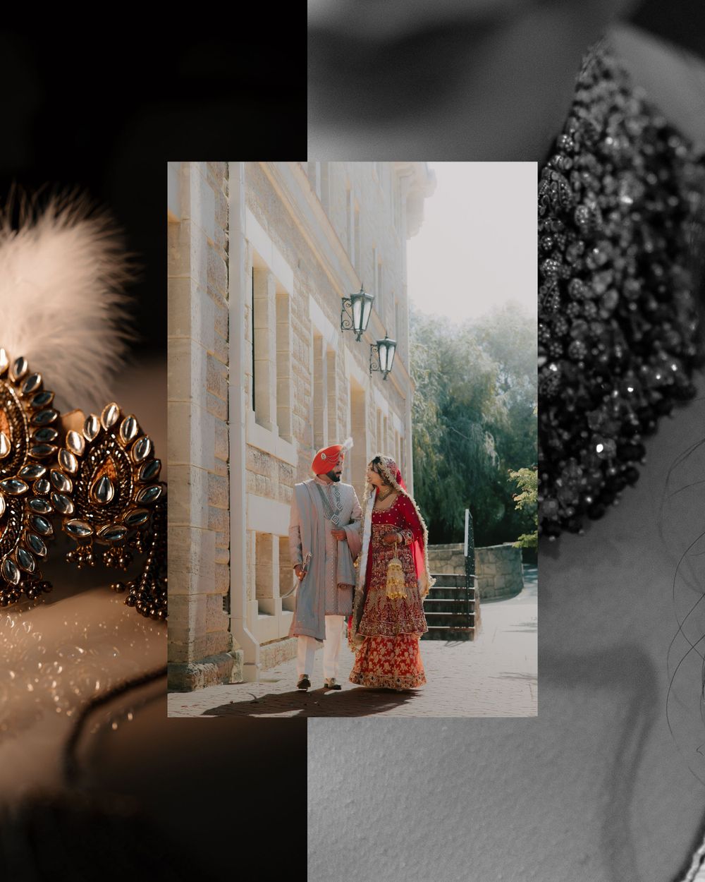 Traditional Indian wedding couple posing in front of an elegant stone building with crown decor details.