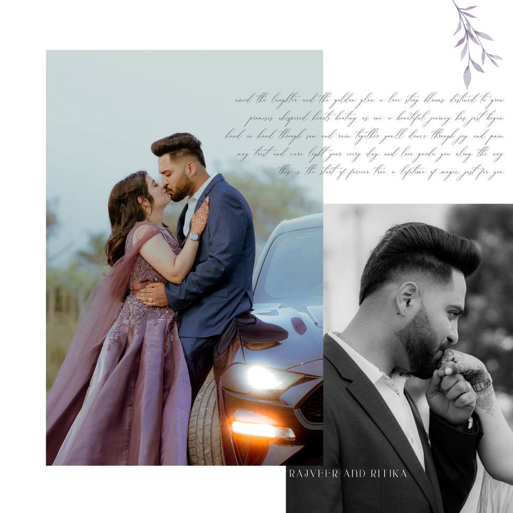 Romantic couple pose in formal attire near a car with an artistic black and white portrait inset.