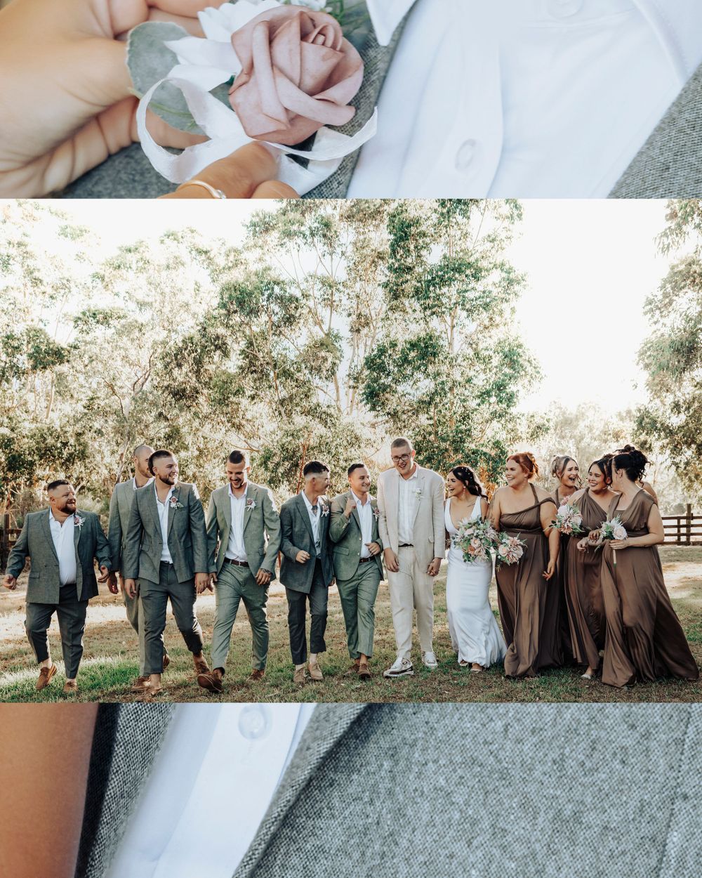 Wedding party stands outdoors in a rustic setting with groomsmen in gray suits and bridesmaids in brown dresses.