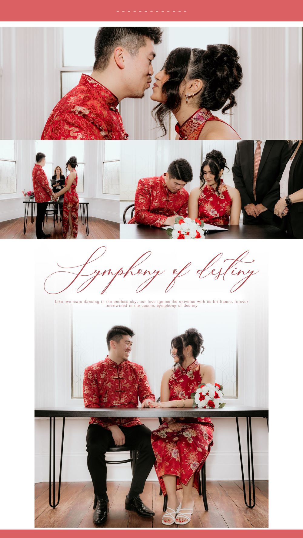 Traditional wedding photo collage showing couple in matching red Chinese qipao attire during intimate ceremony moments.