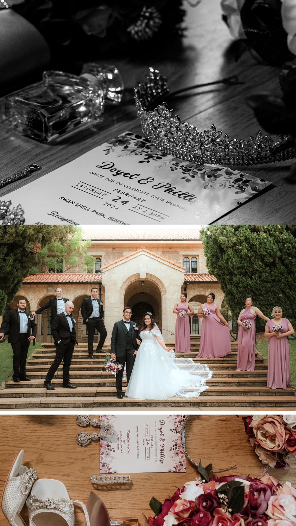 Wedding details collage showing bridal accessories, invitation, and ceremony group on grand staircase.