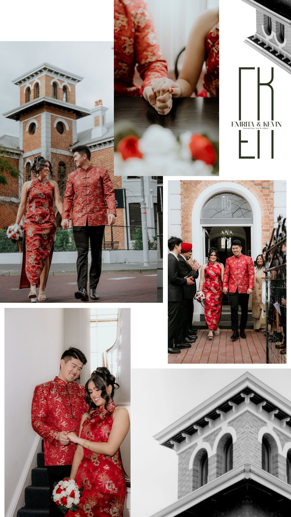 Wedding photo collage featuring architectural details and couple in traditional red Chinese attire at various locations.